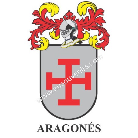 Heraldic keychain - ARAGONÉS - Personalized with surname, family crest and brief description of the genealogical origin.