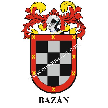 Heraldic keychain - BAZÁN - Personalized with surname, family crest and brief description of the genealogical origin.