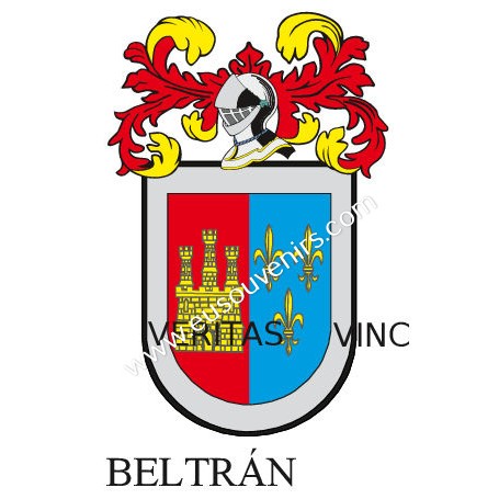 Heraldic keychain - BELTRÁN - Personalized with surname, family crest and brief description of the genealogical origin.