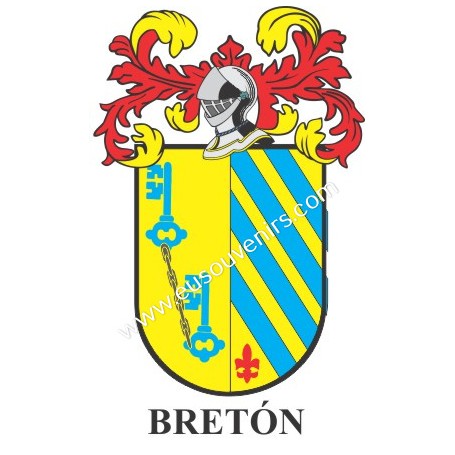 Heraldic keychain - BRETÓN - Personalized with surname, family crest and brief description of the genealogical origin.
