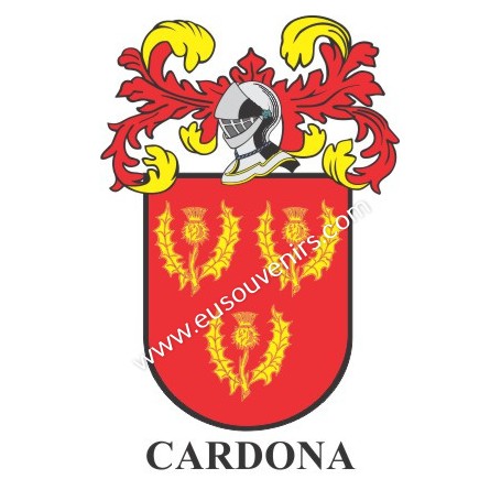 Llavero heráldico - CARDONA - Personalizado con apellido, escudo de la familia y breve descripción del origen genealógico.