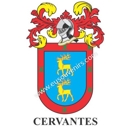 Llavero heráldico - CERVANTES - Personalizado con apellido, escudo de la familia y breve descripción del origen genealógico.