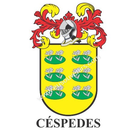 Heraldic keychain - CÉSPEDES - Personalized with surname, family crest and brief description of the genealogical origin.