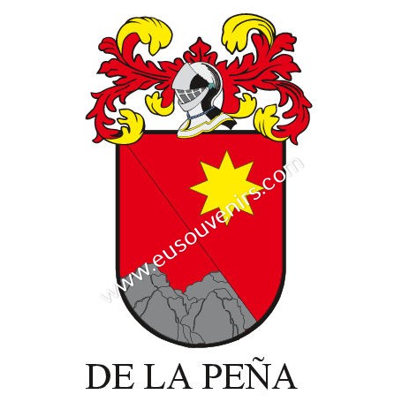 Heraldic keychain - DE_LA_PEÑA - Personalized with surname, family crest and brief description of the genealogical origin.