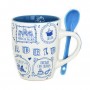 MUG WITH SPOON MADRID, COLLECTION BLUE CHALK, Madrid tourist attractions - 350 ml, CERAMIC - Souvenir Mug from Spain