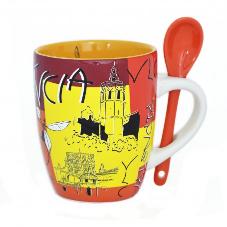 MUG AVEC CUILLER VALENCIA, COLLECTION TRAZOS - 350 ml, CÉRAMIQUE - Mug souvenir d'Espagne