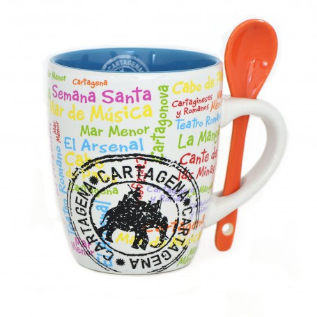 MUG WITH SPOON CARTAGENA, THE ELEPHANT OF ANIBAL, SEAL COLLECTION - 350 ml, CERAMIC - Souvenir Mug from Spain