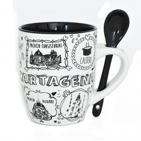Taza Mug con Cuchara Cartagena Colección Tiza Negro Cerámica