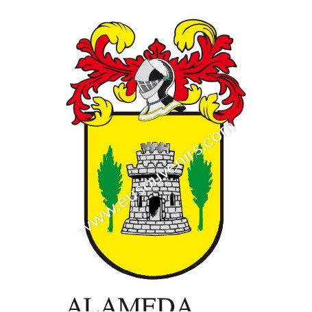 Heraldic keychain - ALAMEDA - Personalized with surname, family crest and brief description of the genealogical origin.