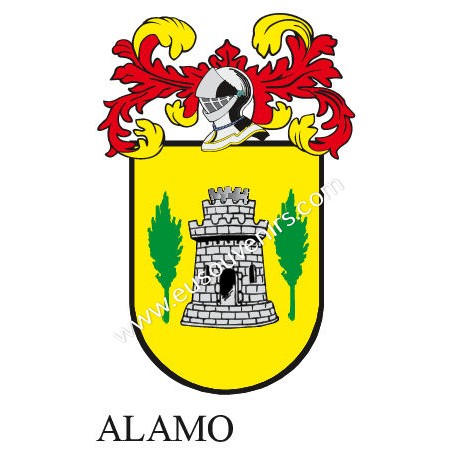 Heraldic keychain - ALAMO - Personalized with surname, family crest and brief description of the genealogical origin.