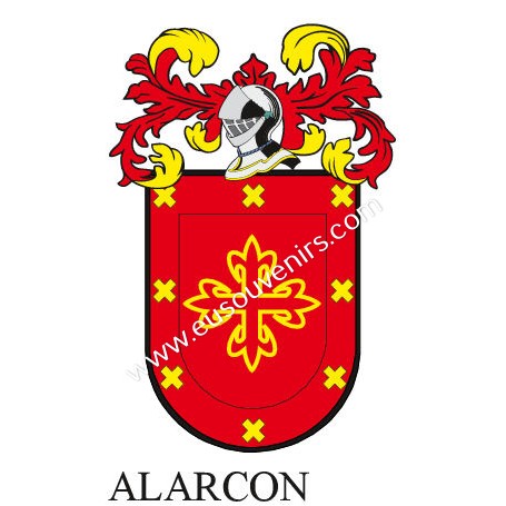 Porte-clés héraldique - ALARCON - Personnalisé avec le nom, l'écusson de la famille et une brève description de l'origine généal