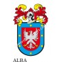 Llavero heráldico - ALBA - Personalizado con apellido, escudo de la familia y breve descripción del origen genealógico.