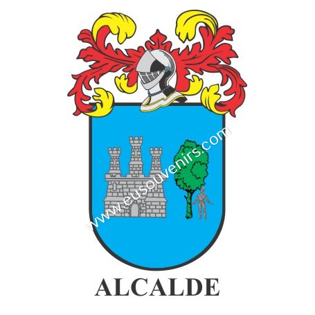 Heraldic keychain - ALCALDE - Personalized with surname, family crest and brief description of the genealogical origin.