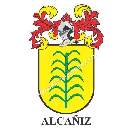 Heraldic keychain - ALCAÑIZ - Personalized with surname, family crest and brief description of the genealogical origin.