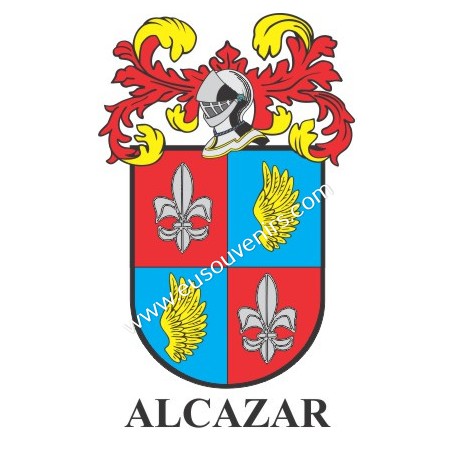 Porte-clés héraldique - ALCAZAR - Personnalisé avec le nom, l'écusson de la famille et une brève description de l'origine généal