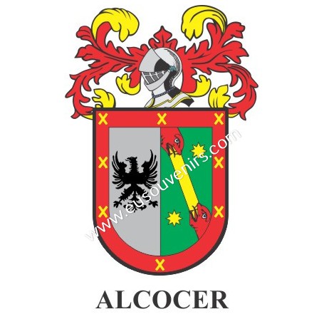 Llavero heráldico - ALCOCER - Personalizado con apellido, escudo de la familia y breve descripción del origen genealógico.
