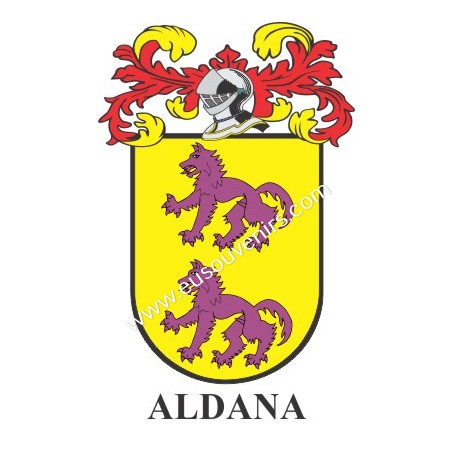 Llavero heráldico - ALDANA - Personalizado con apellido, escudo de la familia y breve descripción del origen genealógico.