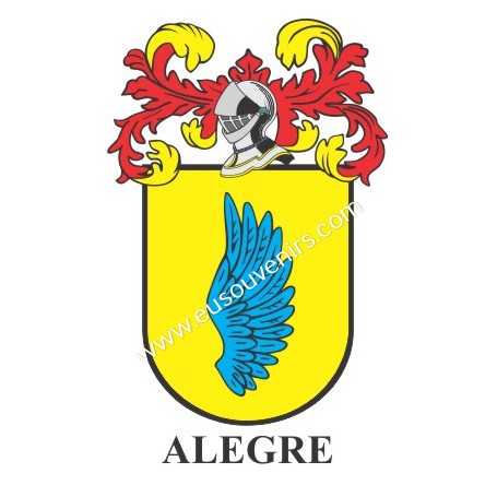 Porte-clés héraldique - ALEGRE - Personnalisé avec le nom, l'écusson de la famille et une brève description de l'origine généalo