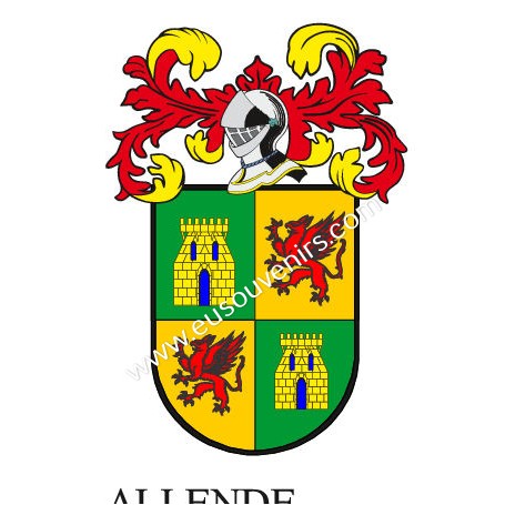 Heraldic keychain - ALLENDE - Personalized with surname, family crest and brief description of the genealogical origin.