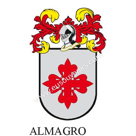 Heraldic keychain - ALMAGRO - Personalized with surname, family crest and brief description of the genealogical origin.