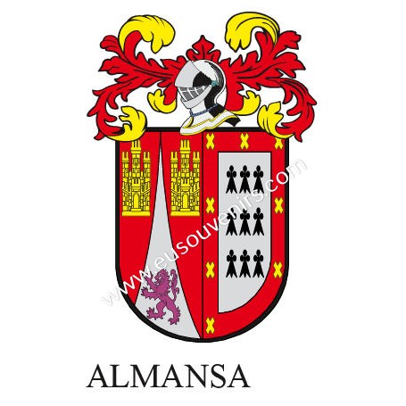 Llavero heráldico - ALMANSA - Personalizado con apellido, escudo de la familia y breve descripción del origen genealógico.