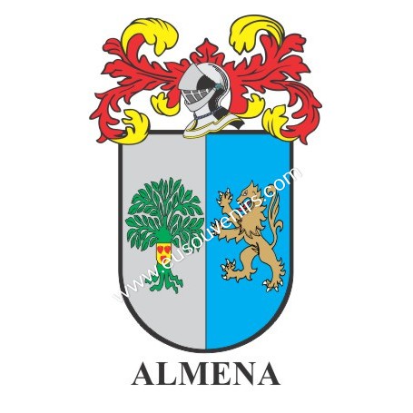 Llavero heráldico - ALMENA - Personalizado con apellido, escudo de la familia y breve descripción del origen genealógico.