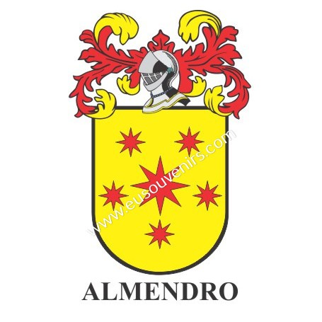 Llavero heráldico - ALMENDRO - Personalizado con apellido, escudo de la familia y breve descripción del origen genealógico.
