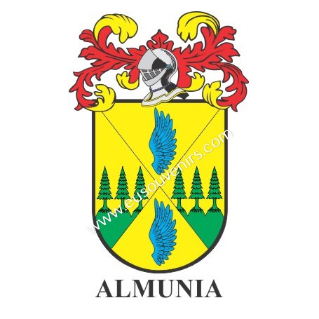 Llavero heráldico - ALMUNIA - Personalizado con apellido, escudo de la familia y breve descripción del origen genealógico.