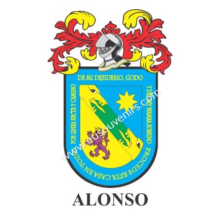 Porte-clés héraldique - ALONSO - Personnalisé avec le nom, l'écusson de la famille et une brève description de l'origine généalo
