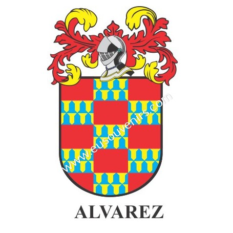 Porte-clés héraldique - ALVAREZ - Personnalisé avec le nom, l'écusson de la famille et une brève description de l'origine généal