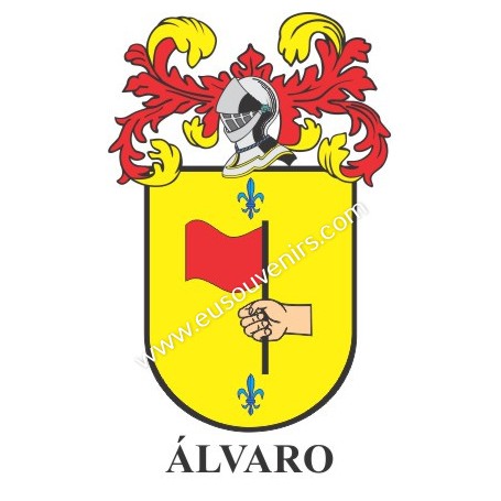 Llavero heráldico - ÁLVARO - Personalizado con apellido, escudo de la familia y breve descripción del origen genealógico.