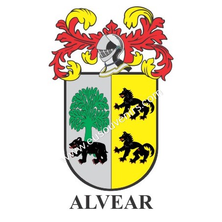 Llavero heráldico - ALVEAR - Personalizado con apellido, escudo de la familia y breve descripción del origen genealógico.