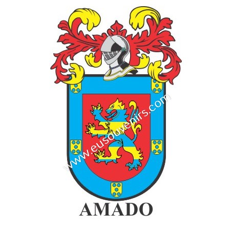 Heraldic keychain - AMADO - Personalized with surname, family crest and brief description of the genealogical origin.