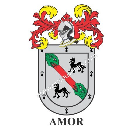 Porte-clés héraldique - AMOR - Personnalisé avec le nom, l'écusson de la famille et une brève description de l'origine généalogi