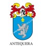 Heraldic keychain - ANTEQUERA - Personalized with surname, family crest and brief description of the genealogical origin.