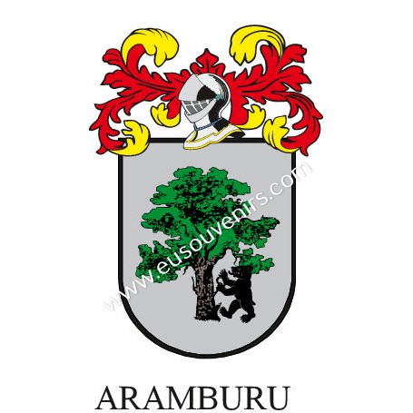 Heraldic keychain - ARAMBURU - Personalized with surname, family crest and brief description of the genealogical origin.
