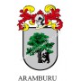 Heraldic keychain - ARAMBURU - Personalized with surname, family crest and brief description of the genealogical origin.
