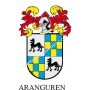 Heraldic keychain - ARANGUREN - Personalized with surname, family crest and brief description of the genealogical origin.