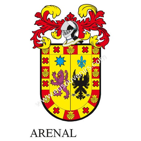 Porte-clés héraldique - ARENAL - Personnalisé avec le nom, l'écusson de la famille et une brève description de l'origine généalo
