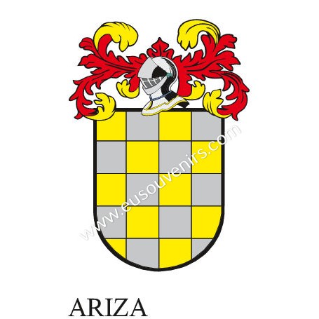 Heraldic keychain - ARIZA - Personalized with surname, family crest and brief description of the genealogical origin.