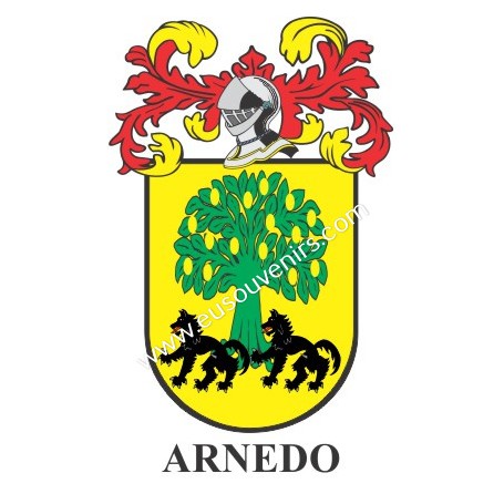 Llavero heráldico - ARNEDO - Personalizado con apellido, escudo de la familia y breve descripción del origen genealógico.