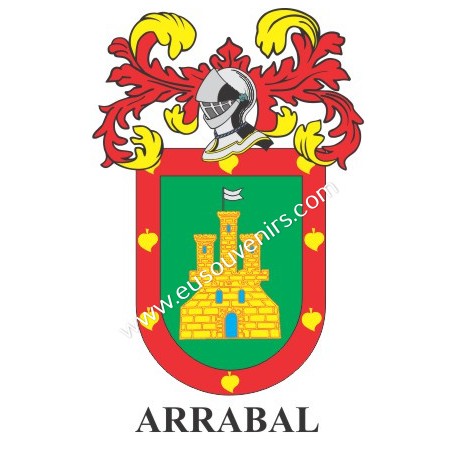 Heraldic keychain - ARRABAL - Personalized with surname, family crest and brief description of the genealogical origin.