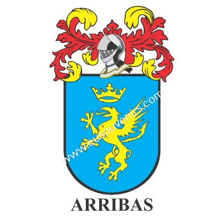 Heraldic keychain - ARRIBAS - Personalized with surname, family crest and brief description of the genealogical origin.