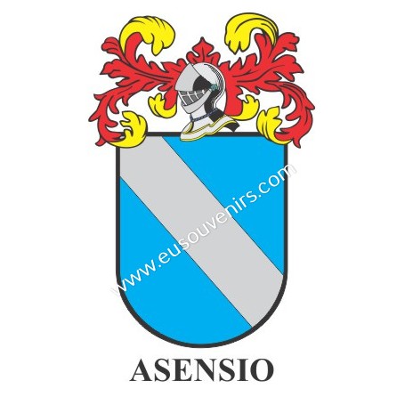 Heraldic keychain - ASENSIO - Personalized with surname, family crest and brief description of the genealogical origin.