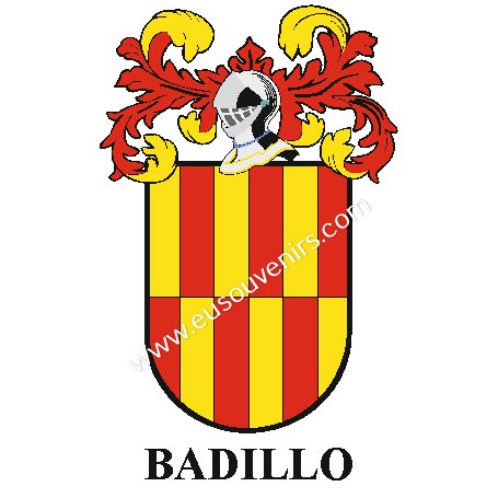 Heraldic keychain - BADILLO - Personalized with surname, family crest and brief description of the genealogical origin.
