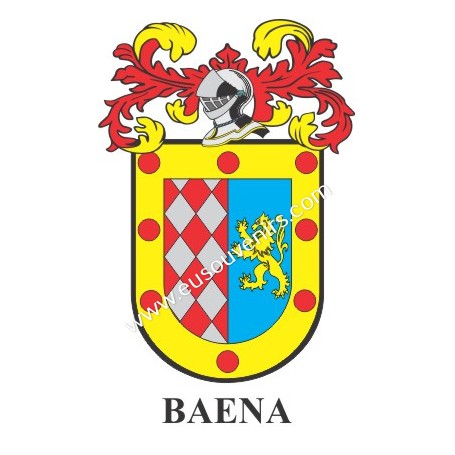 Heraldic keychain - BAENA - Personalized with surname, family crest and brief description of the genealogical origin.