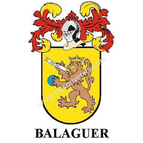 Porte-clés héraldique - BALAGUER - Personnalisé avec le nom, l'écusson de la famille et une brève description de l'origine généa