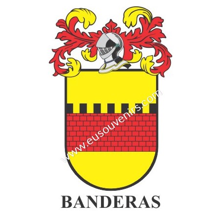 Heraldic keychain - BANDERAS - Personalized with surname, family crest and brief description of the genealogical origin.