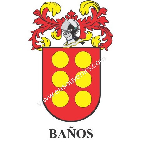 Heraldic keychain - BAÑOS - Personalized with surname, family crest and brief description of the genealogical origin.