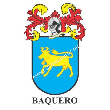 Heraldic keychain - BAQUERO - Personalized with surname, family crest and brief description of the genealogical origin.